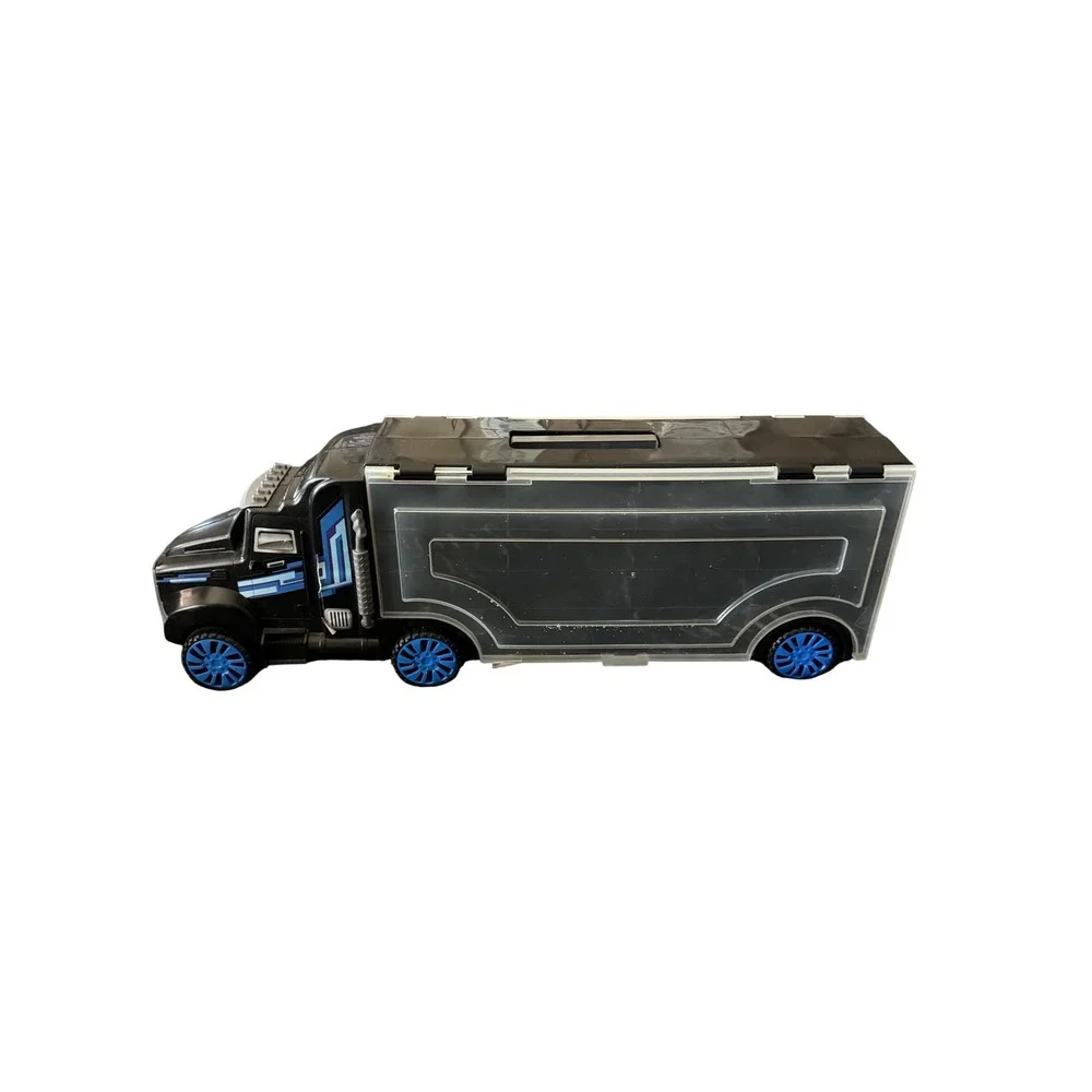 Toy Car Carrier Case Black Semi Truck Storage for Diecast Cars Blue Wheels